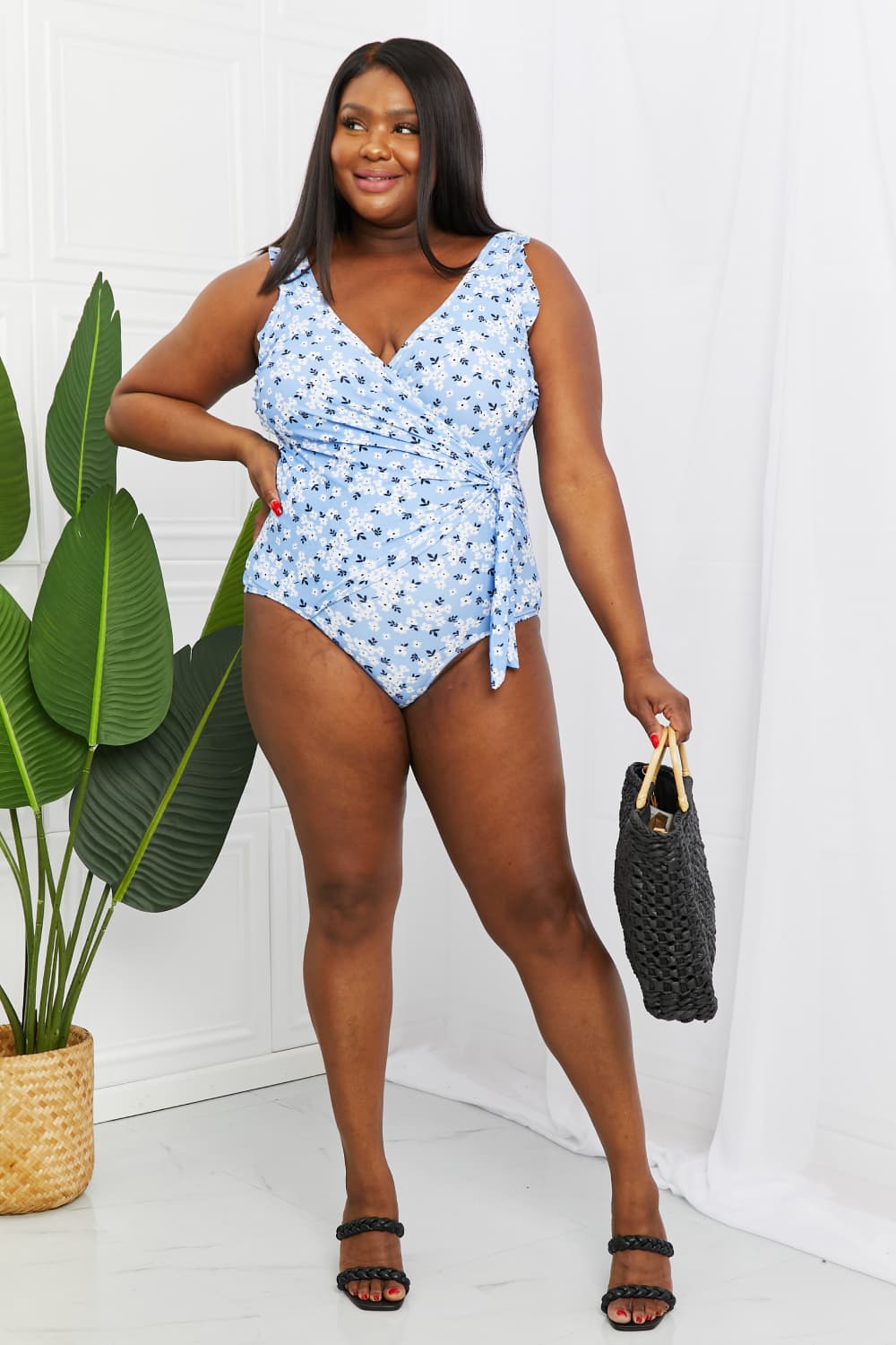 Marina West Swim Full Size Float On Ruffle Faux Wrap One-Piece in Blossom Blue  Trendsi   