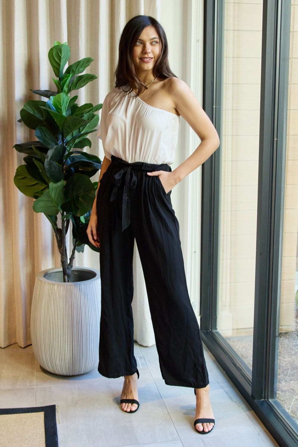 Dress Day Marvelous in Manhattan One-Shoulder Jumpsuit in White/Black Jumpsuits Trendsi   