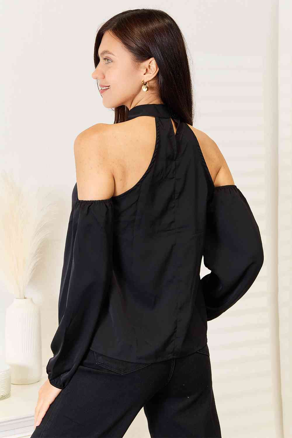 Double Take Grecian Cold Shoulder Long Sleeve Blouse - NeoKira Unlimited