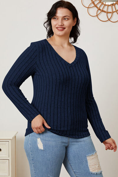 Basic Bae Full Size Ribbed V-Neck Long Sleeve Shirt Top Trendsi   