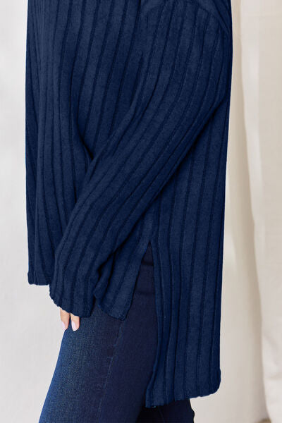 Basic Bae Full Size Ribbed Half Button Long Sleeve High-Low T-Shirt - NeoKira Unlimited