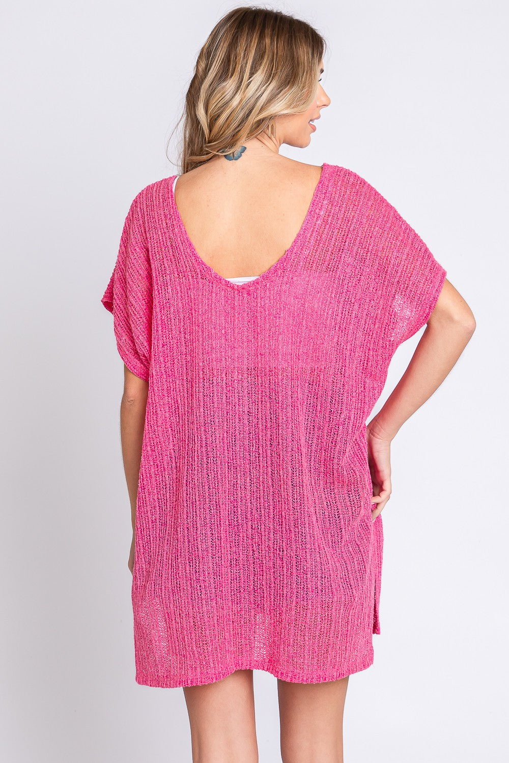 GeeGee Short Sleeve Side Slit Knit Cover Up Dress Cover Up Trendsi   