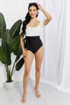 Marina West Swim Salty Air Puff Sleeve One-Piece in Cream/Black Swimsuit Trendsi   