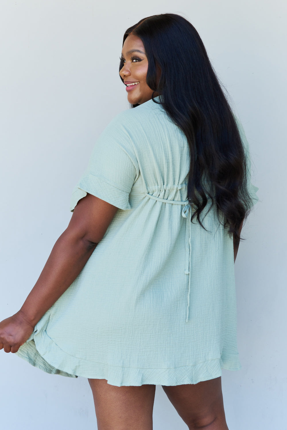 Ninexis Out Of Time Full Size Ruffle Hem Dress with Drawstring Waistband in Light Sage Mini Dress Trendsi   