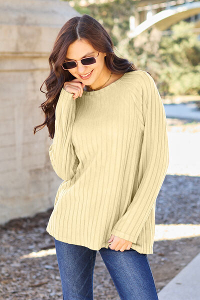Basic Bae Full Size Ribbed Round Neck Long Sleeve Knit Top - NeoKira Unlimited