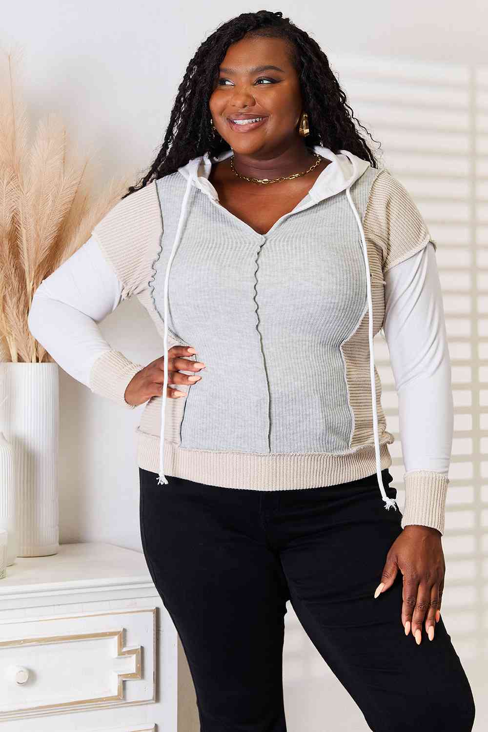Double Take Color Block Exposed Seam Drawstring Hoodie - NeoKira Unlimited