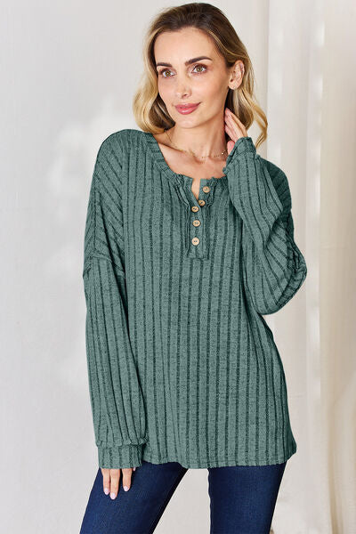 Basic Bae Full Size Ribbed Half Button Long Sleeve Top - NeoKira Unlimited