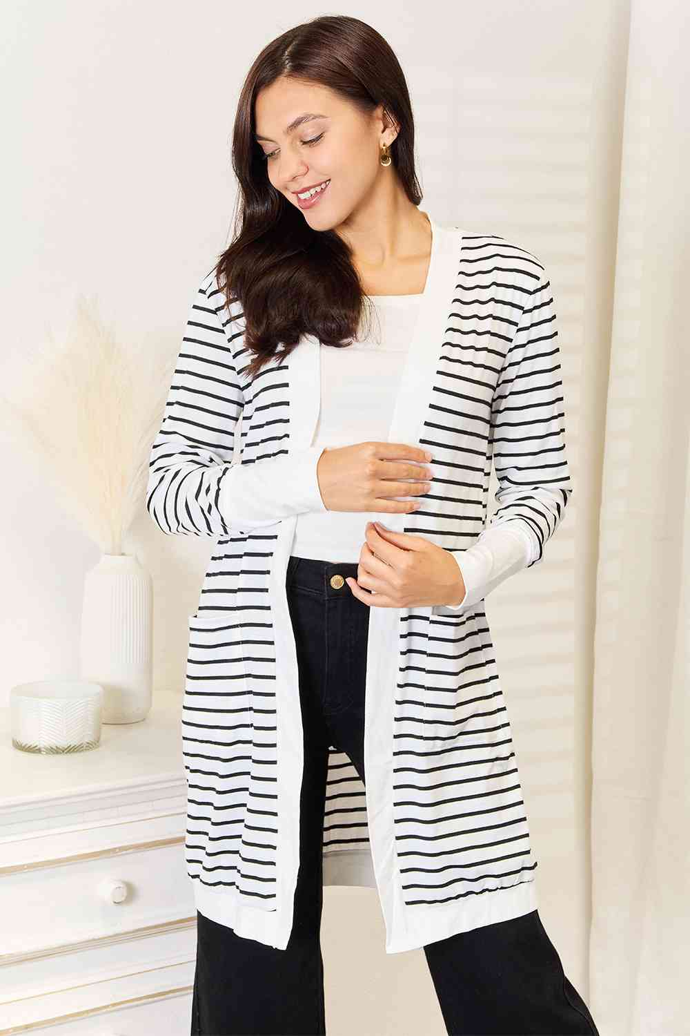 Double Take Striped Open Front Longline Cardigan Cardigan Trendsi   