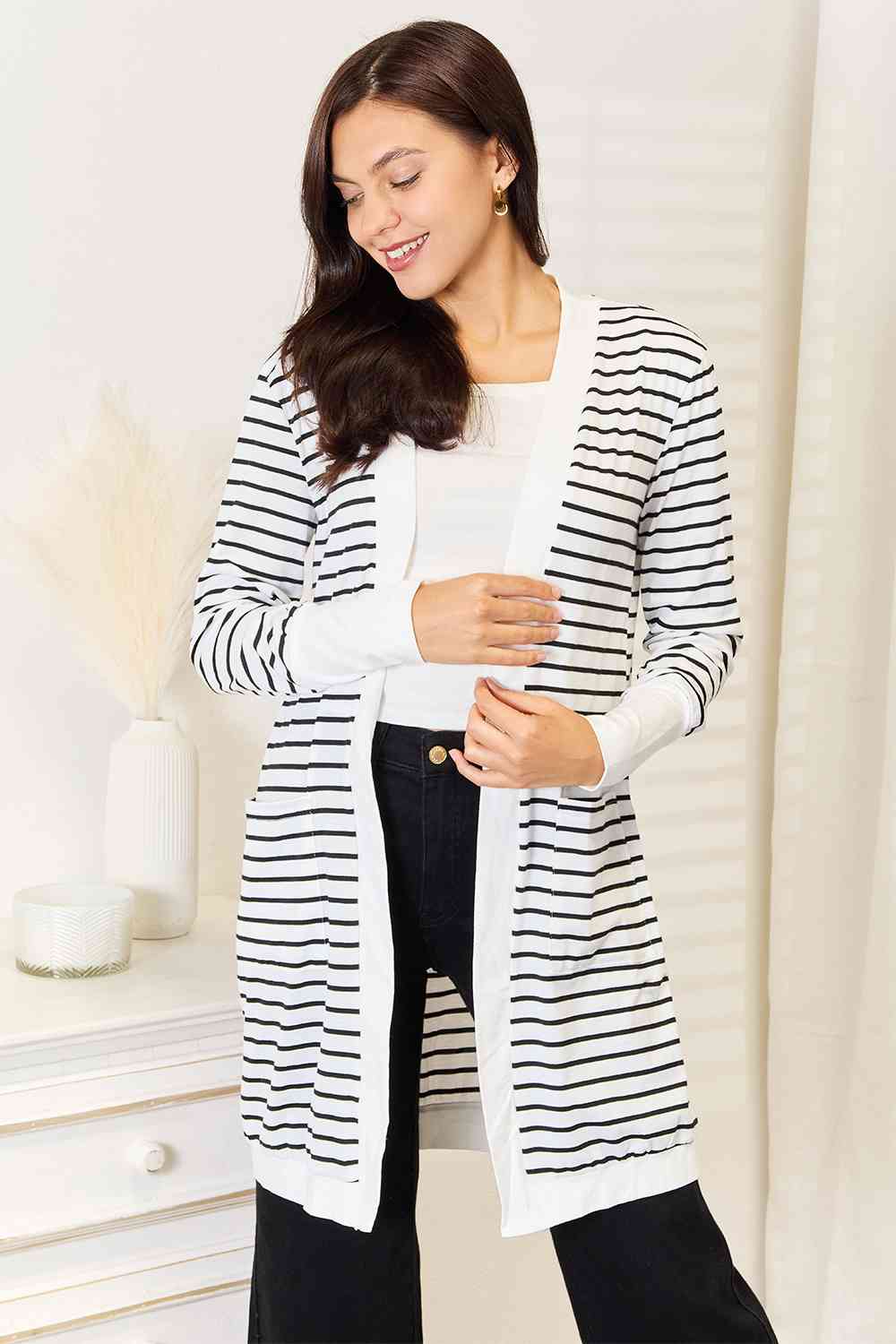 Double Take Striped Open Front Longline Cardigan - NeoKira Unlimited