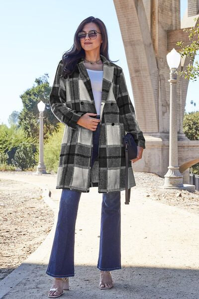 Double Take Full Size Plaid Button Up Lapel Collar Coat - NeoKira Unlimited