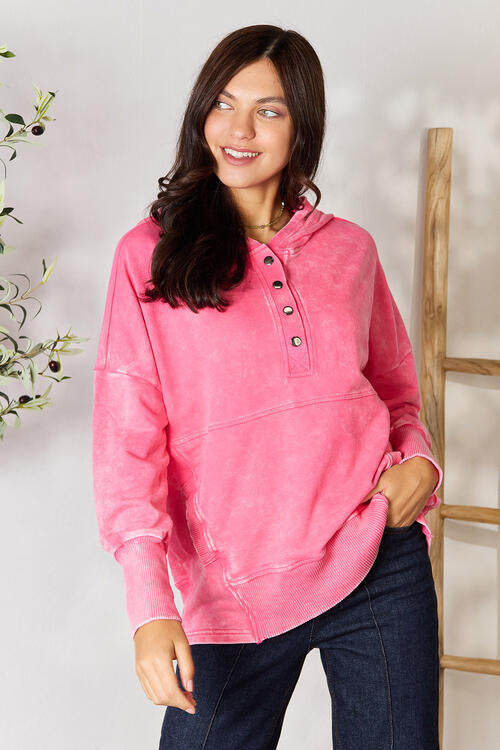 Zenana Half Snap Long Sleeve Hoodie with Pockets Hoodie Trendsi Fuchsia S 