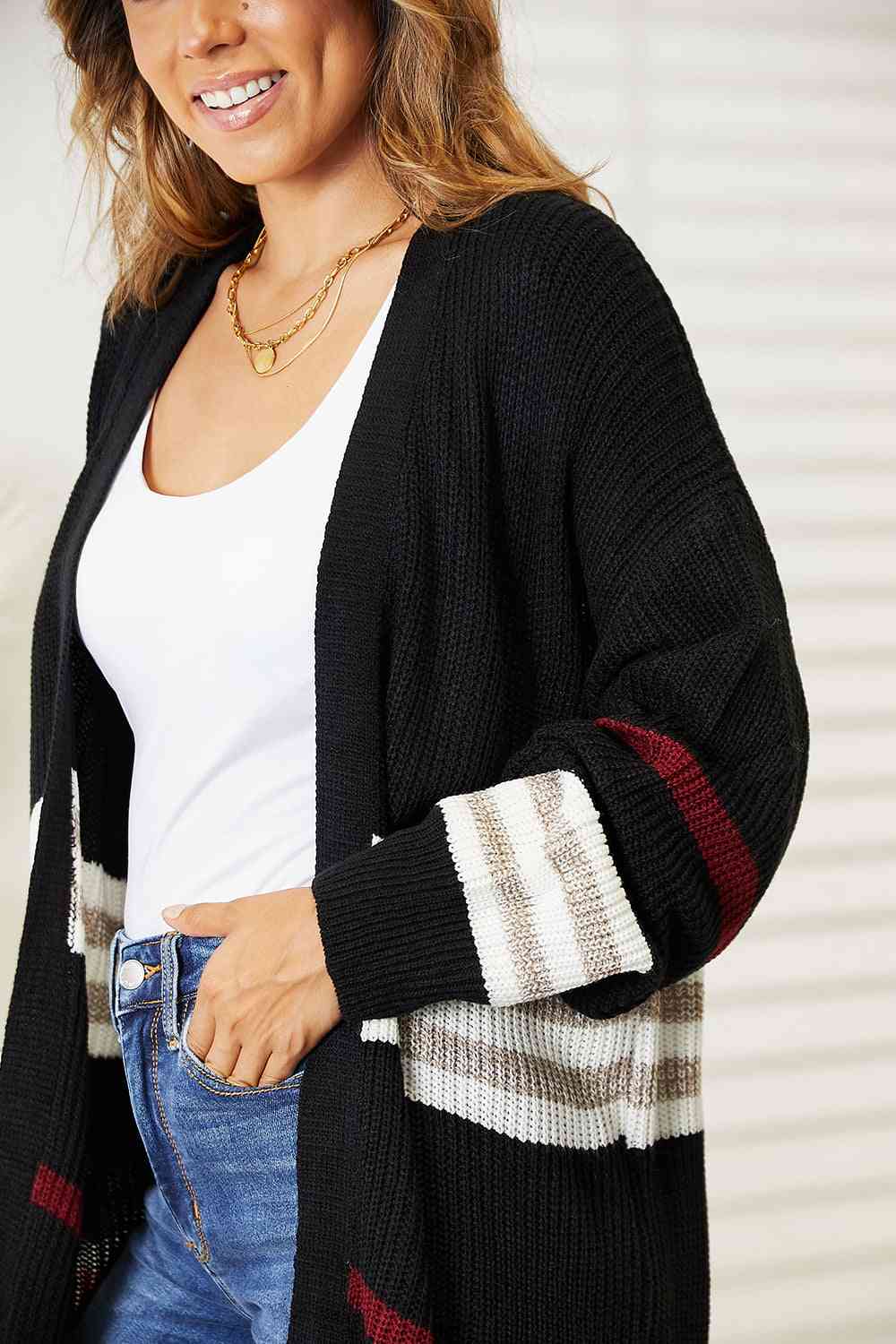 Double Take Striped Rib-Knit Drop Shoulder Open Front Cardigan Cardigan Trendsi   