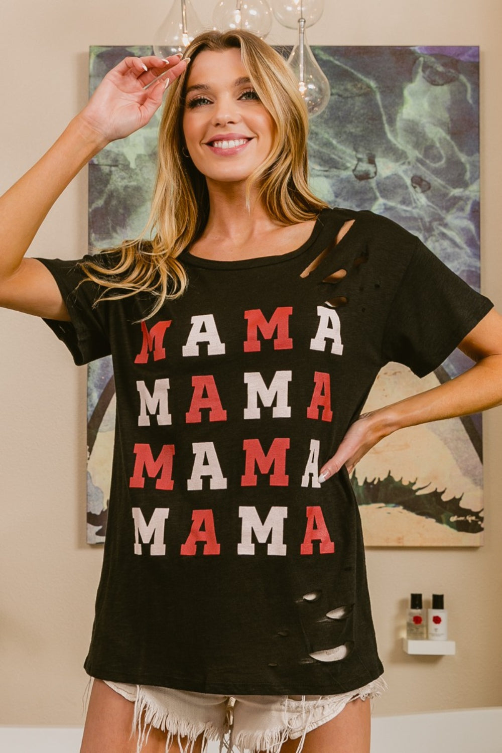 BiBi MAMA Graphic Distressed Short Sleeve T-Shirt T-Shirt Trendsi Black S 