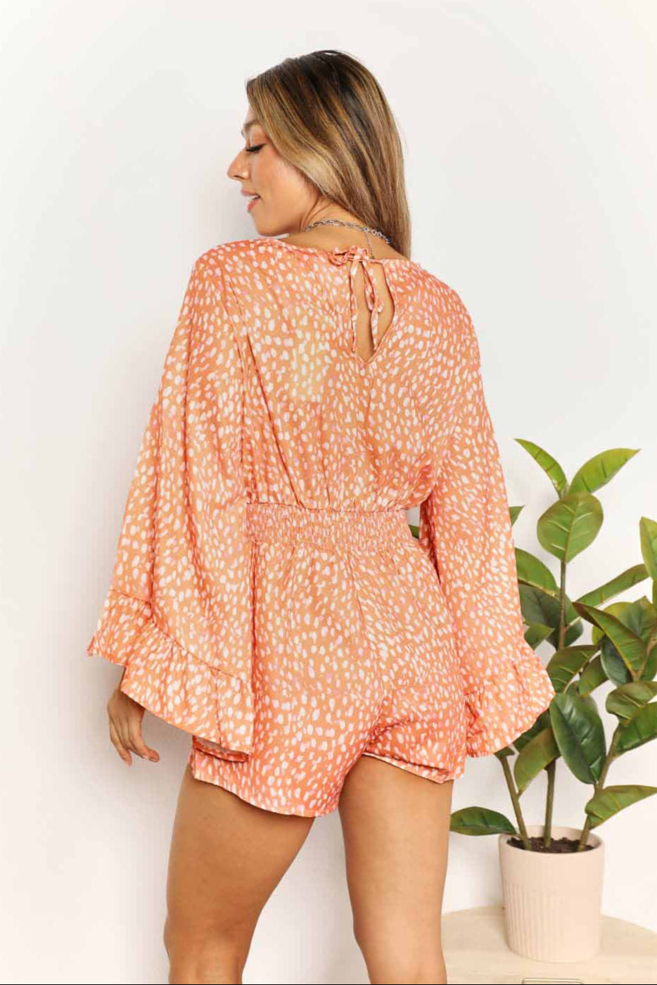 Double Take Printed Flare Sleeve Surplice Romper - NeoKira Unlimited