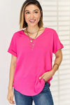 Zenana V-Neck Rolled Short Sleeve T-Shirt Top Trendsi Hot Pink S 