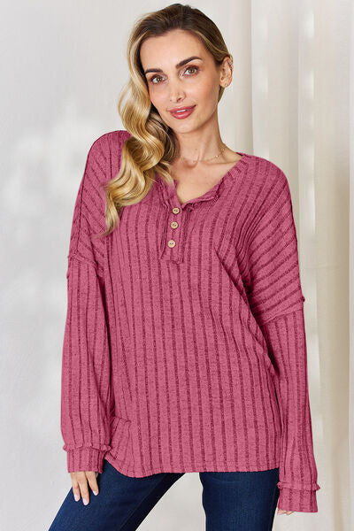 Basic Bae Full Size Ribbed Half Button Long Sleeve Top - NeoKira Unlimited