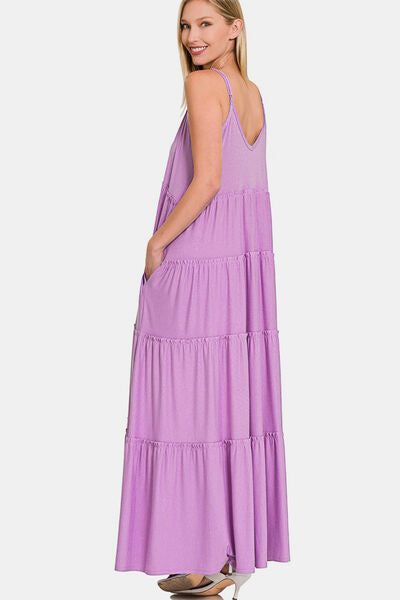 Zenana Frill Tiered V-Neck Maxi Cami Dress Maxi Dress Trendsi   