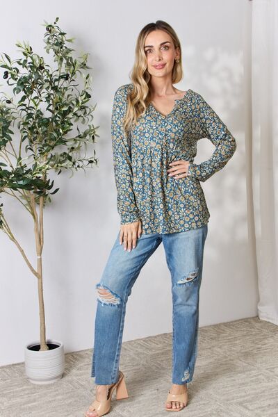 Heimish Full Size Floral Half Button Long Sleeve Blouse - NeoKira Unlimited