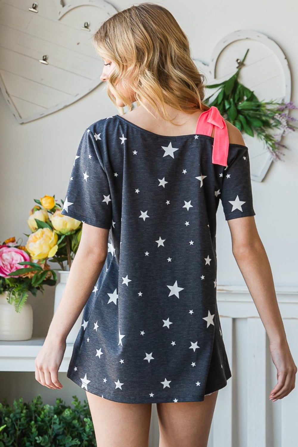 Heimish Full Size Star Print Asymmetrical Neck Short Sleeve Top - NeoKira Unlimited