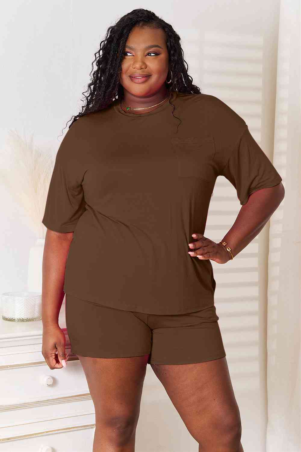 Basic Bae Full Size Soft Rayon Half Sleeve Top and Shorts Set Shorts Set Trendsi Chocolate S 