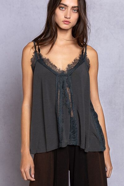 POL Lace Detail V-Neck Cami Top Trendsi Charcoal S 