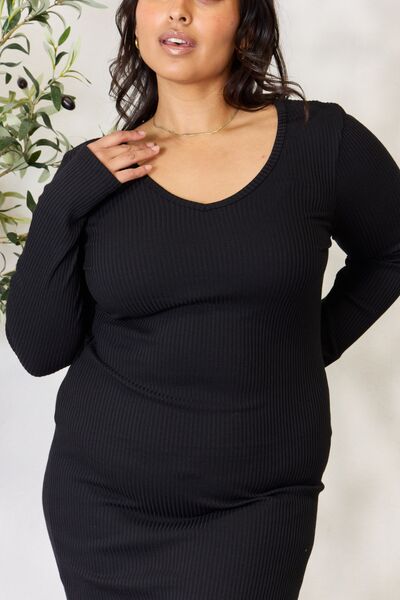 Culture Code Full Size Ribbed Long Sleeve Midi Slit Dress - NeoKira Unlimited