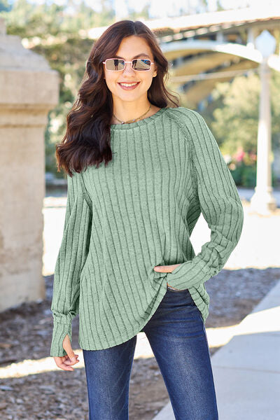 Basic Bae Full Size Ribbed Round Neck Long Sleeve Knit Top Top Trendsi Light Green S 