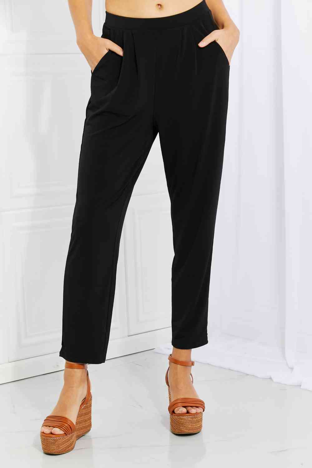 Zenana Pleated High Waist Pants with Side Pockets Pants Trendsi Black S 