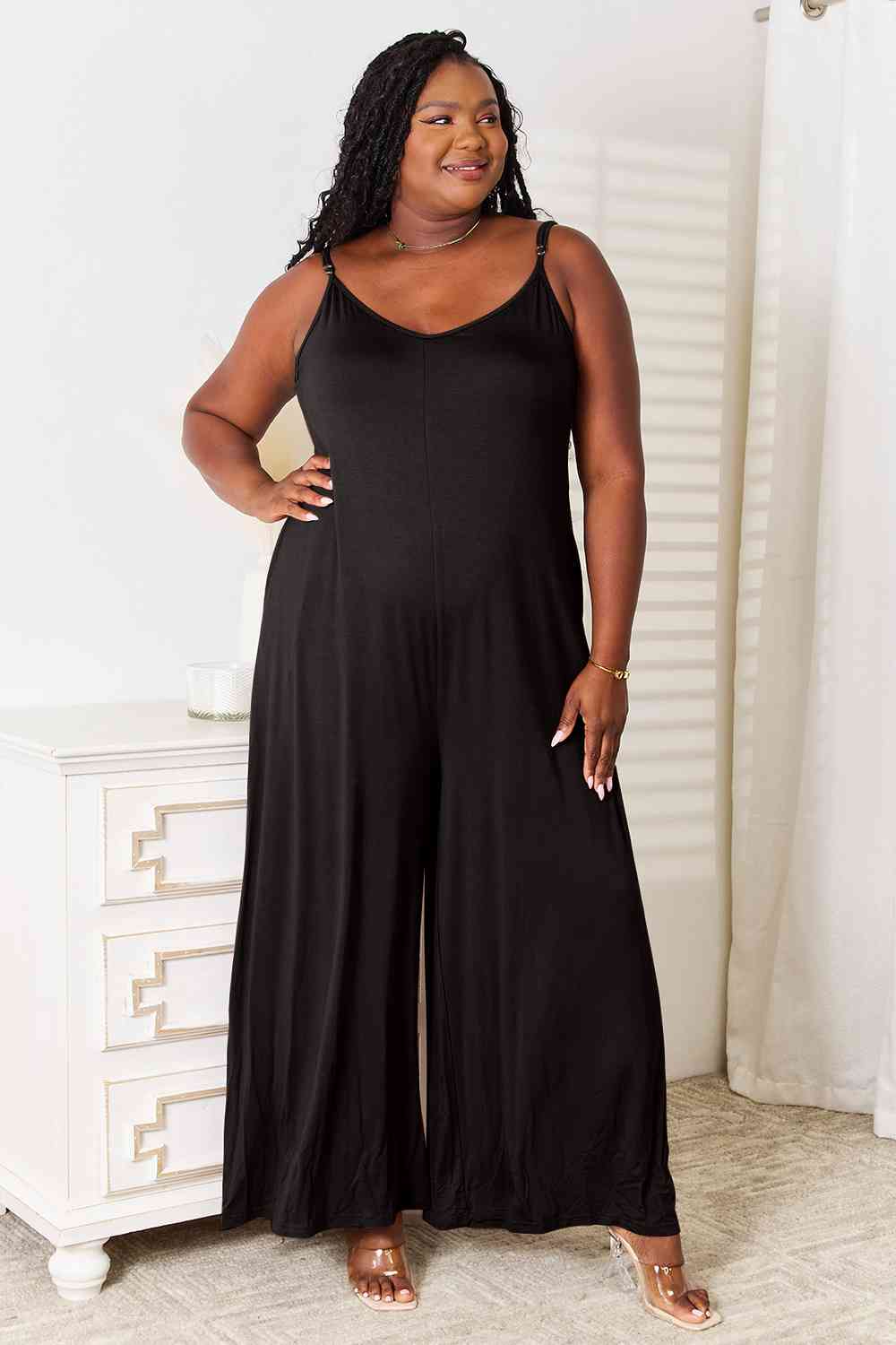 Double Take Full Size Soft Rayon Spaghetti Strap Tied Wide Leg Jumpsuit - NeoKira Unlimited