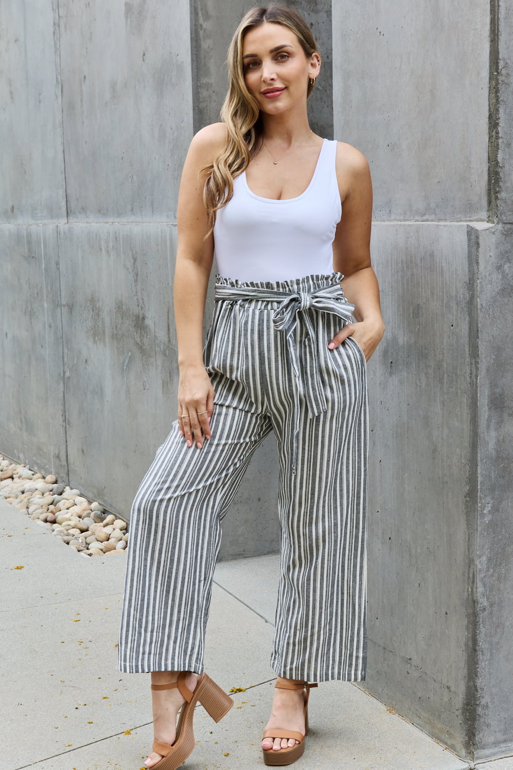 Heimish Find Your Path Full Size Paperbag Waist Striped Culotte Pants Pants Trendsi   