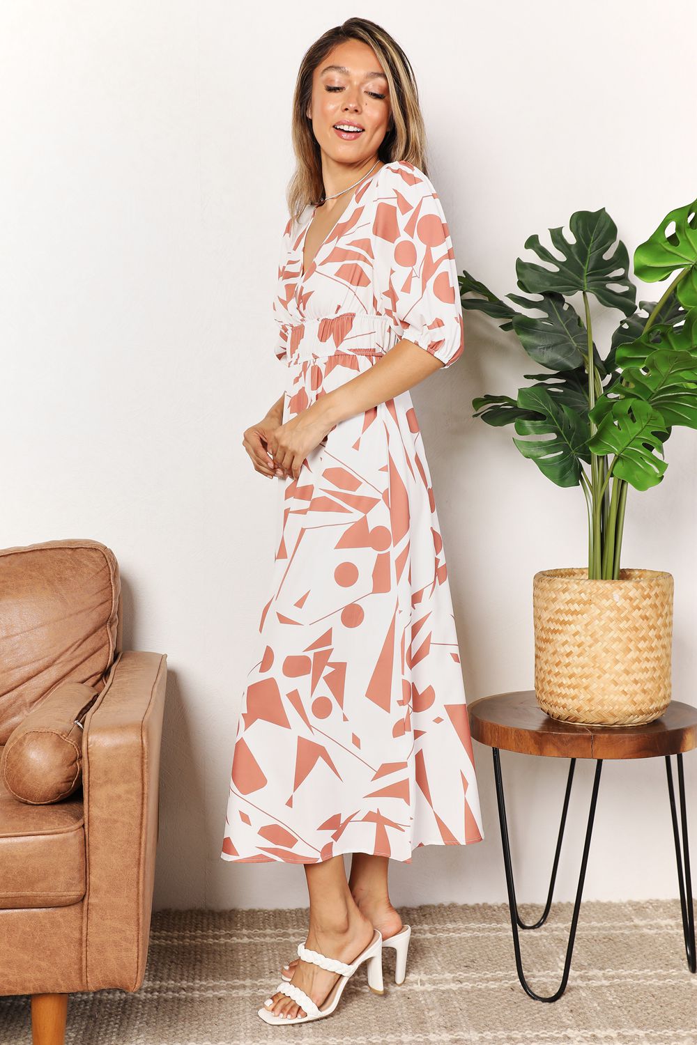 Double Take Printed Surplice Balloon Sleeve Dress Midi Dress Trendsi   