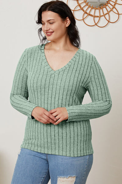 Basic Bae Full Size Ribbed V-Neck Long Sleeve Shirt - NeoKira Unlimited