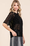 GeeGee Round Neck Drop Shoulder Mesh Glitter Top Top Trendsi   