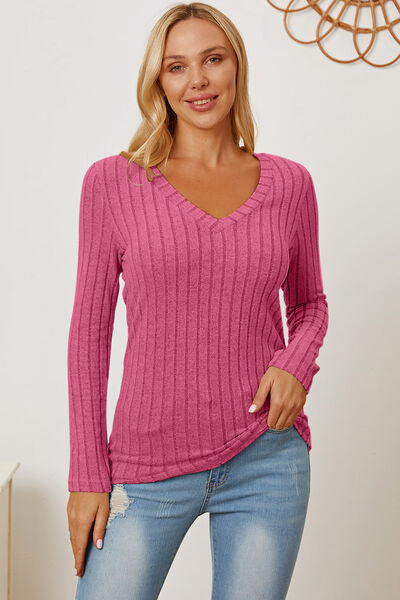 Basic Bae Full Size Ribbed V-Neck Long Sleeve Shirt Top Trendsi   