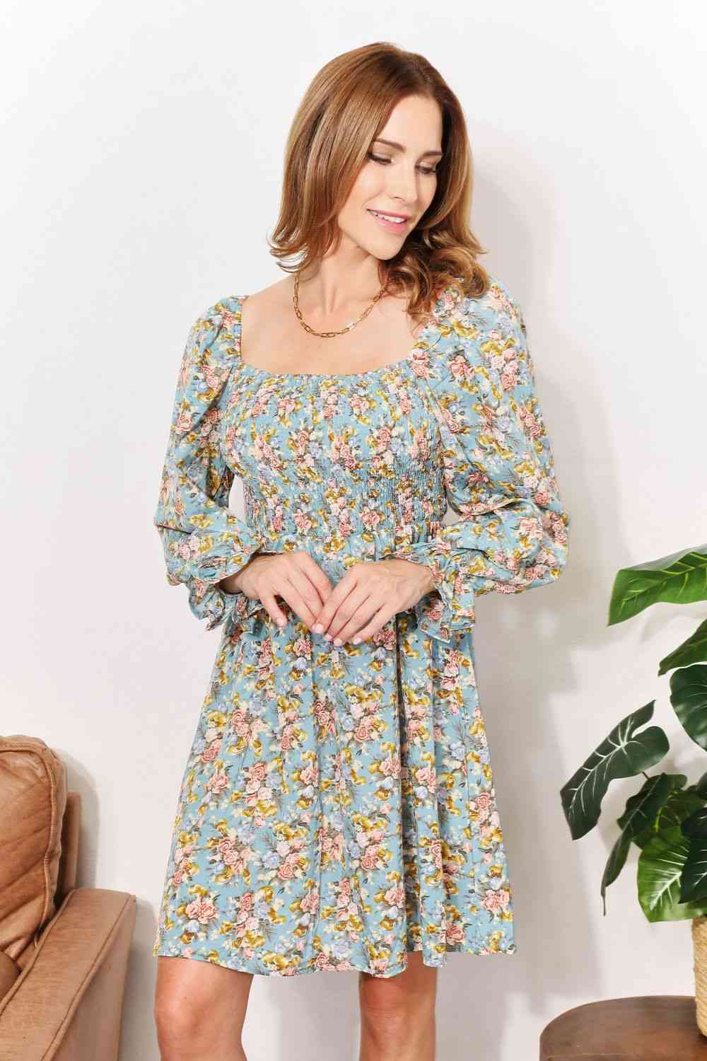 Honey Floral Smocked Flounce Sleeve Square Neck Dress - NeoKira Unlimited