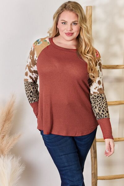 Hailey & Co Full Size Leopard Waffle-Knit Blouse Top Trendsi   