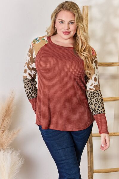 Hailey & Co Full Size Leopard Waffle-Knit Blouse - NeoKira Unlimited