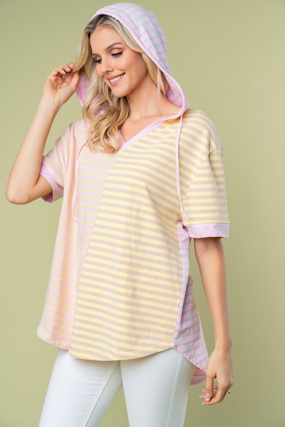 White Birch Full Size Striped Short Sleeve Drawstring Hooded Top - NeoKira Unlimited