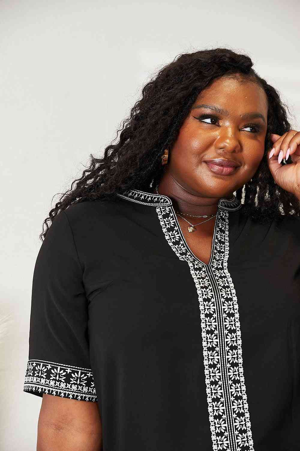 Double Take Embroidered Notched Neck Top - NeoKira Unlimited