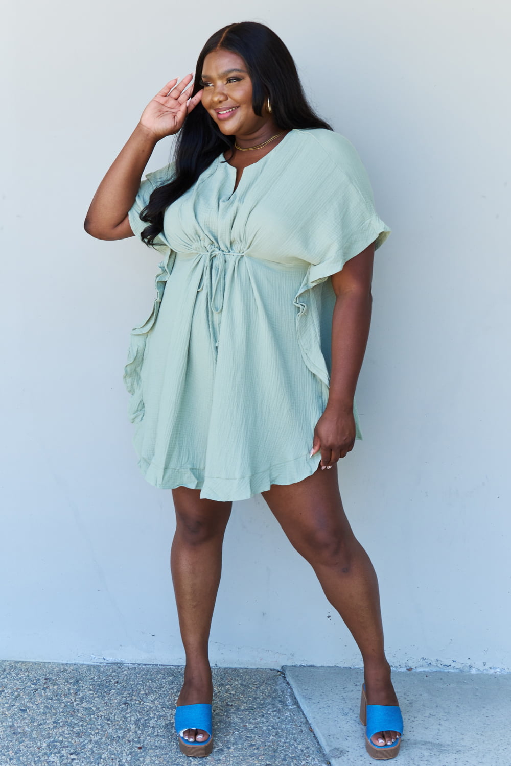 Ninexis Out Of Time Full Size Ruffle Hem Dress with Drawstring Waistband in Light Sage Mini Dress Trendsi   