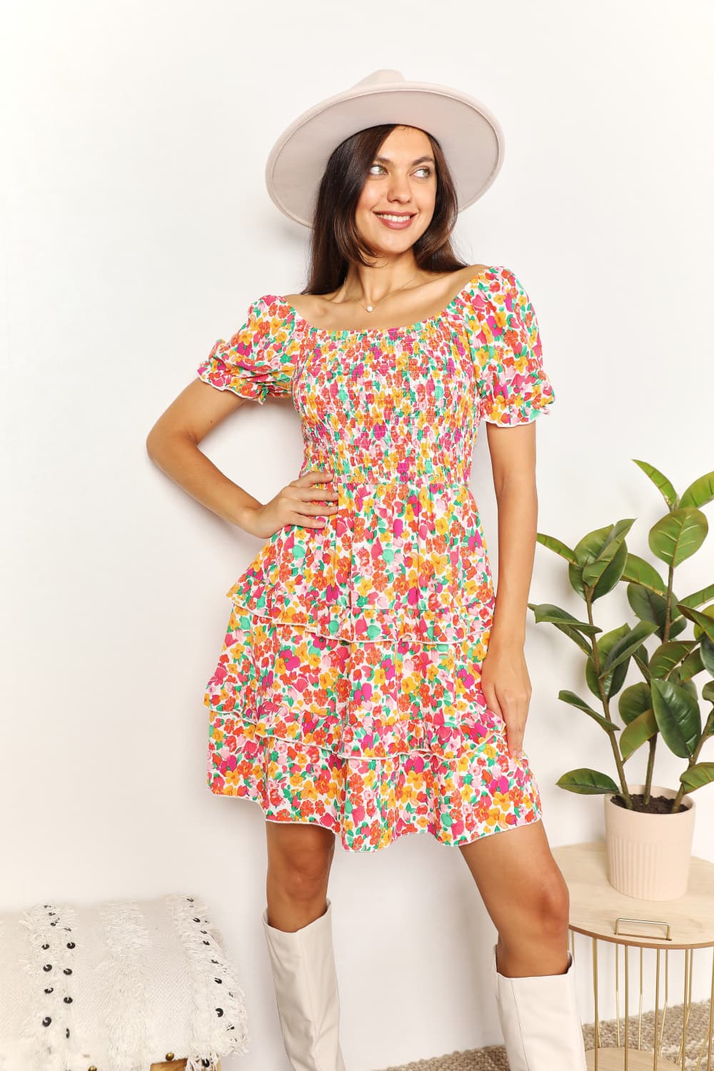 Devine Smocked Sweetheart Neck Flounce Sleeve Mini Dress - NeoKira Unlimited