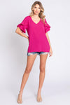 GeeGee V-Neck Ruffle Trim Short Sleeve Blouse Blouse Trendsi   