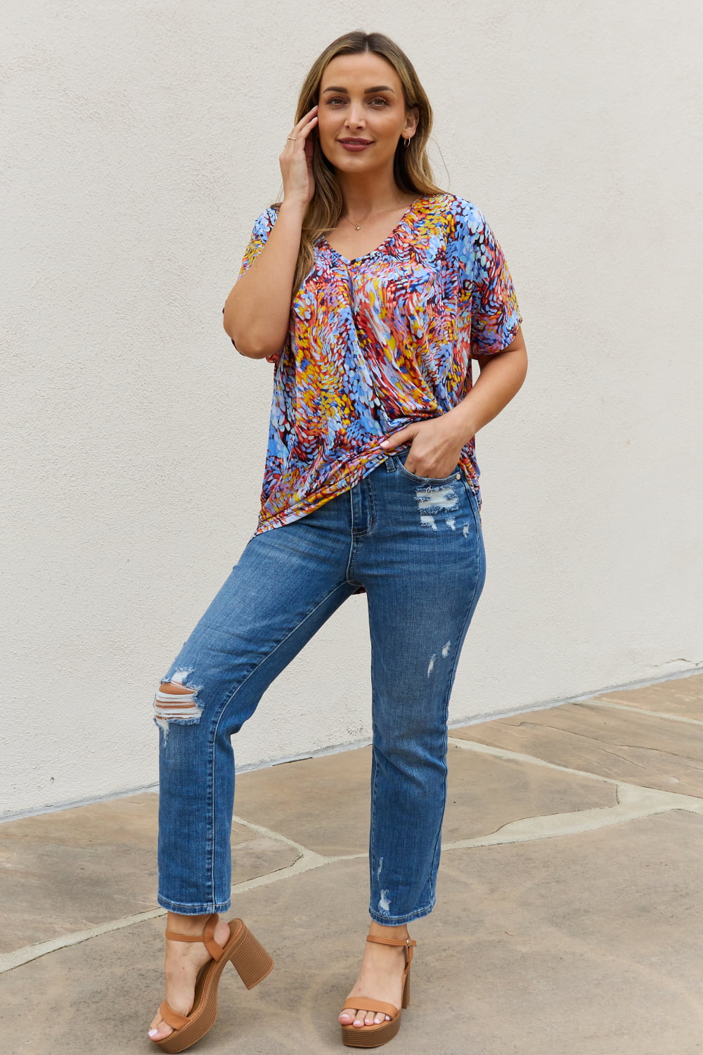 Be Stage Full Size Printed Dolman Flowy Top Top Trendsi   