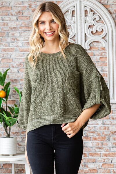 Veveret Round Neck Roll-Up Sweater Sweater Trendsi OLIVE S 