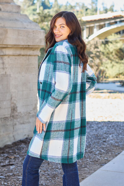 Double Take Full Size Plaid Button Up Lapel Collar Coat - NeoKira Unlimited