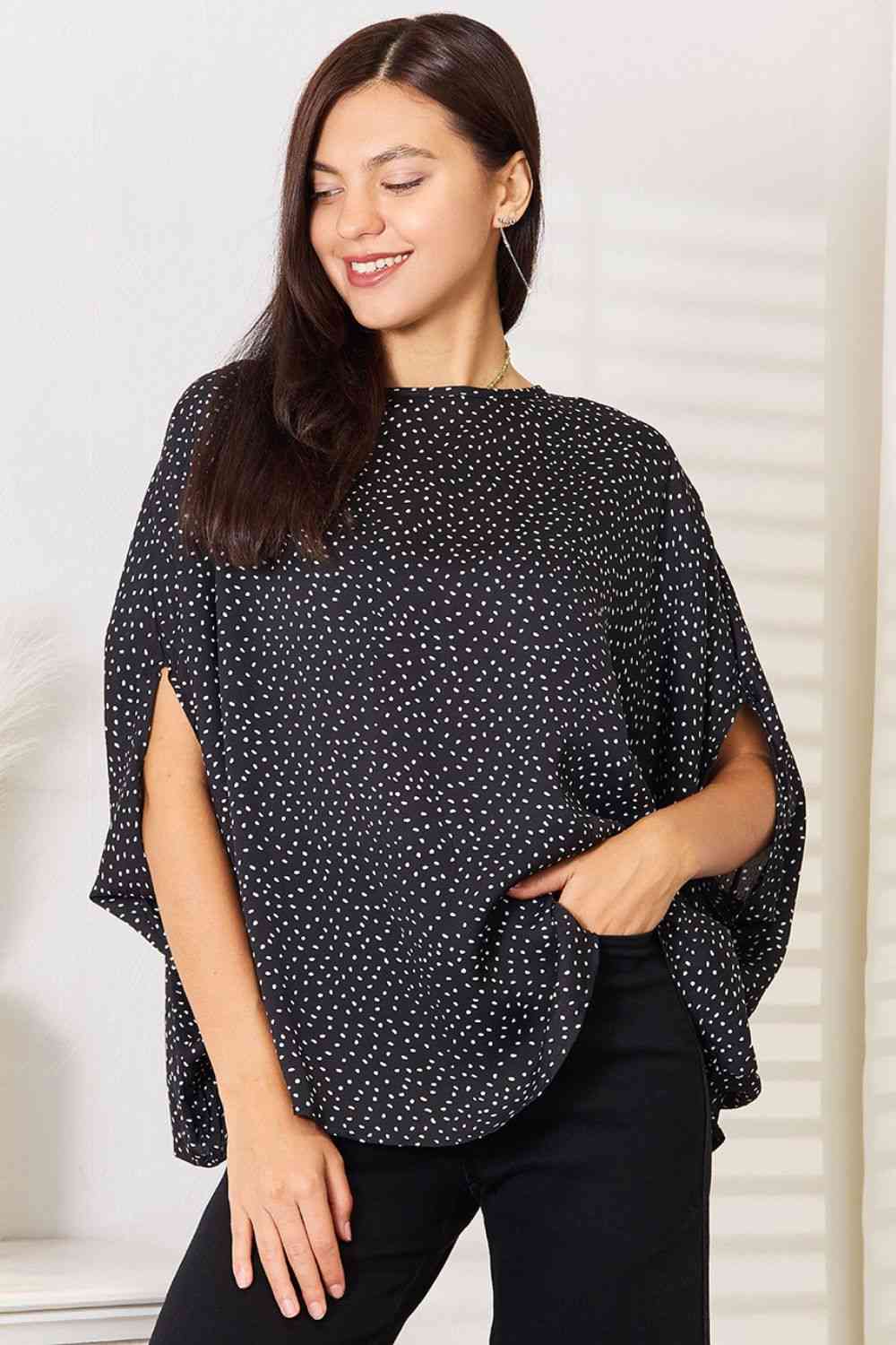 Double Take Printed Dolman Sleeve Round Neck Blouse Top Trendsi Black S 