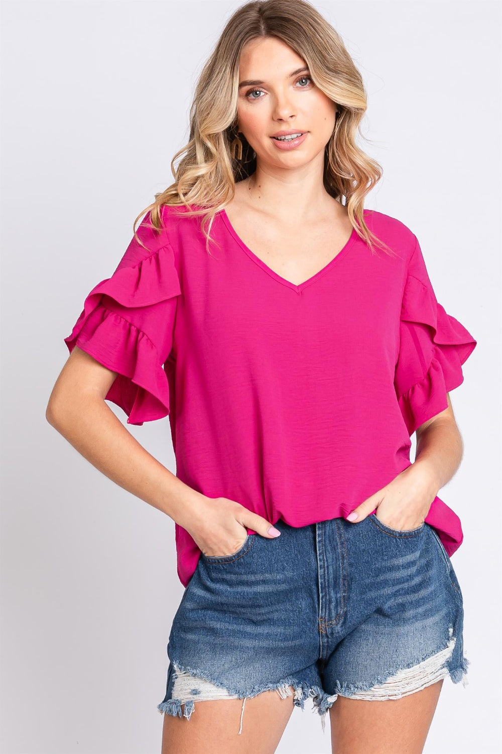 GeeGee V-Neck Ruffle Trim Short Sleeve Blouse - NeoKira Unlimited