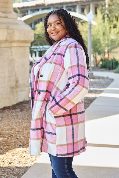 Double Take Full Size Plaid Button Up Lapel Collar Coat - NeoKira Unlimited