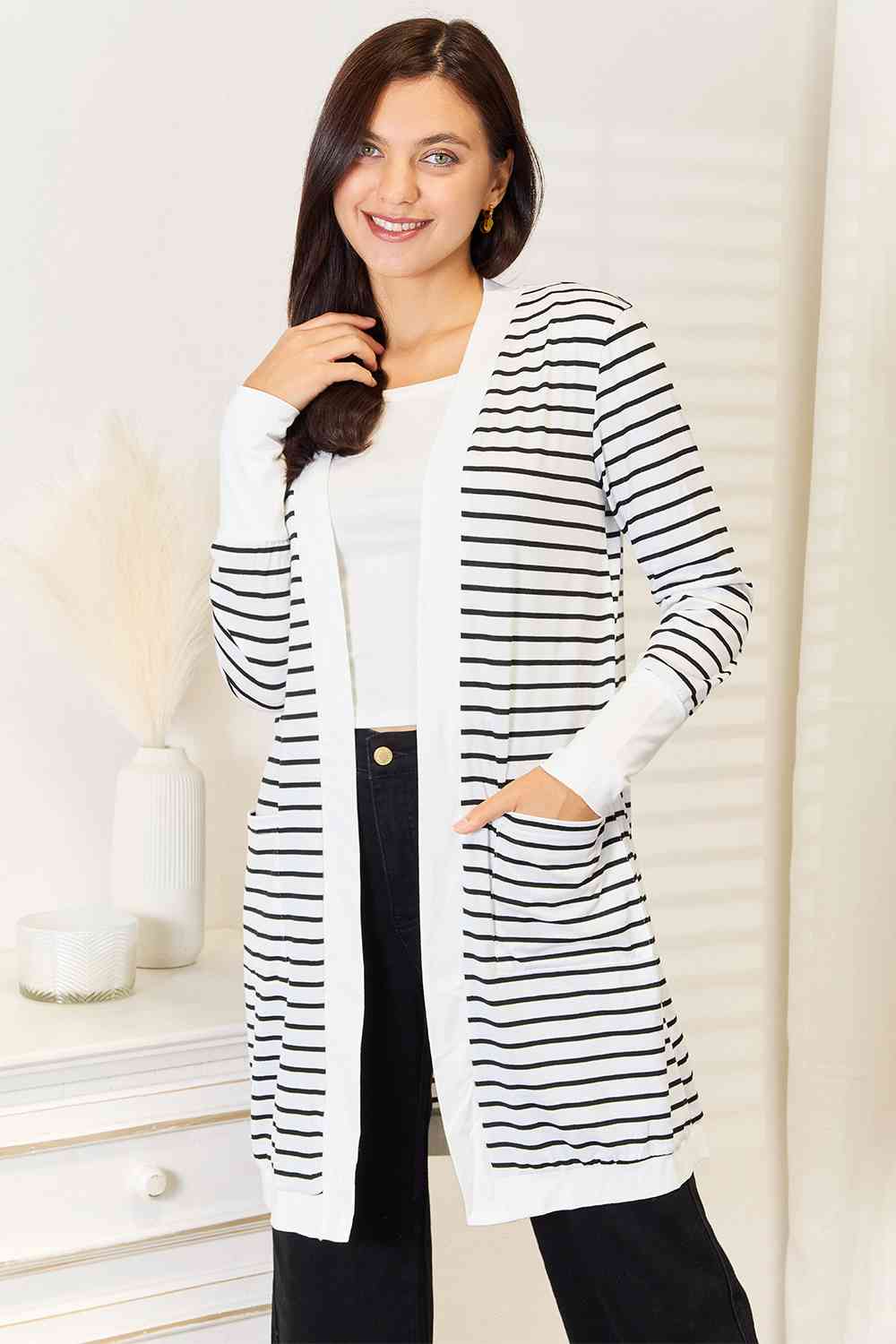 Double Take Striped Open Front Longline Cardigan Cardigan Trendsi White S 