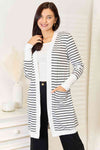 Double Take Striped Open Front Longline Cardigan Cardigan Trendsi White S 